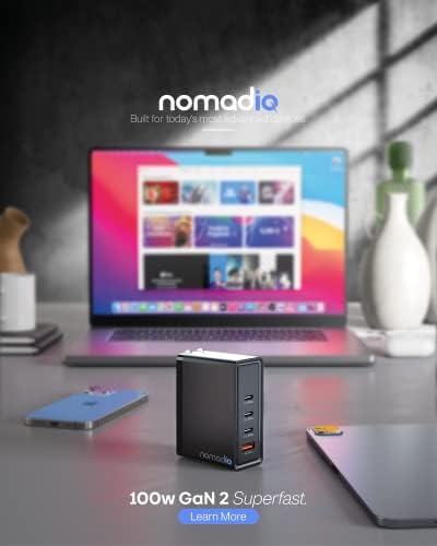 Nomadiq 100W USB-C מטען GAN וכבל | מחשב נייד וטלפון פרמיום וטלפון מטען מהיר עם תיקון גורם כוח, PD PPS מתאם